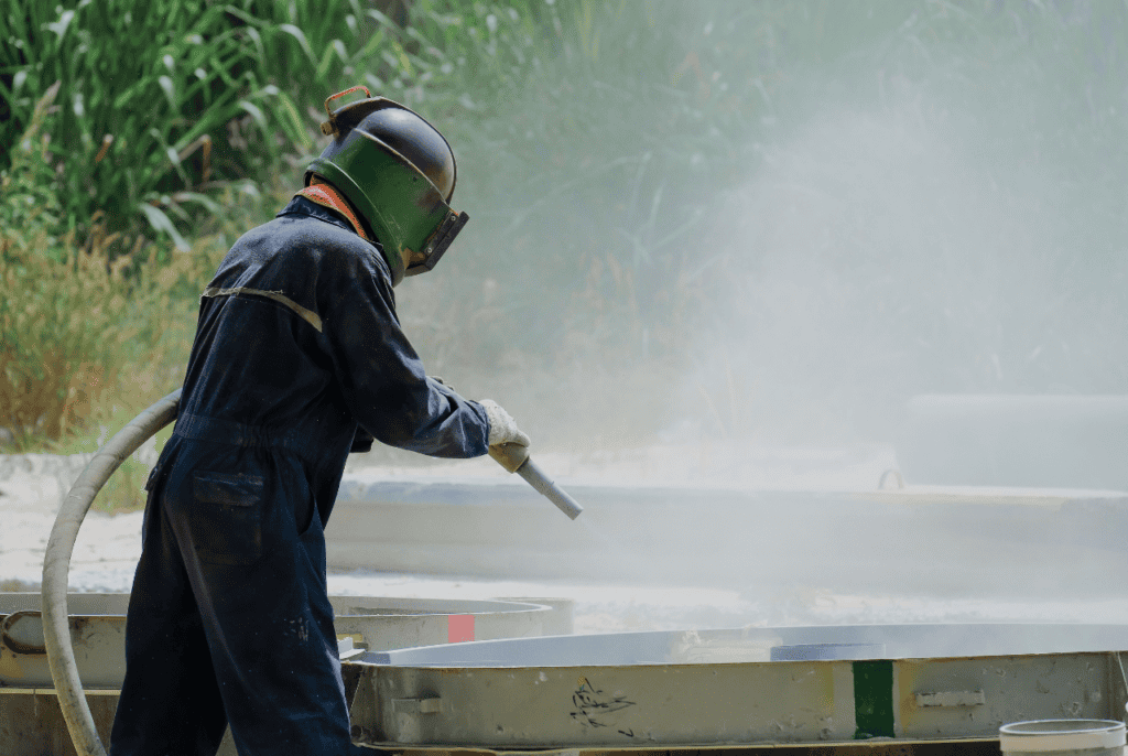Surface preparation being conducted outside by a man in full PPE
