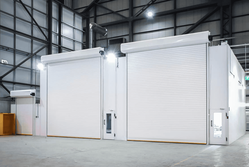 spray booths in an industrial warehouse setting