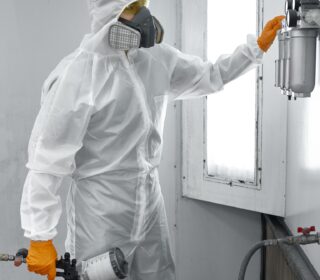 Paint sprayer inside a automotive spray booth in full PPE