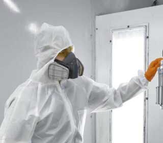 Paint sprayer inside a automotive spray booth in full PPE