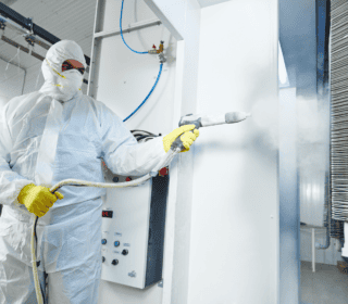 Worker in an industrial setting completing powder coating.