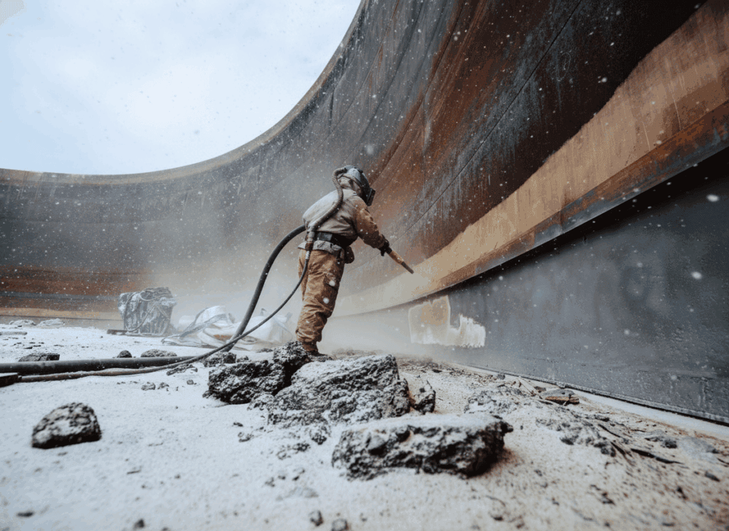 A worker performing abrasive blasting on a large curved steel structure in winter conditions, surrounded by dust and snow.