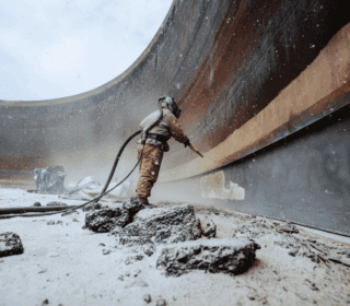 A worker performing abrasive blasting on a large curved steel structure in winter conditions, surrounded by dust and snow.