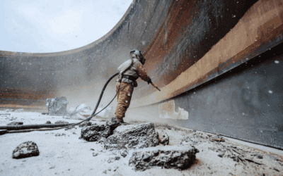 A worker performing abrasive blasting on a large curved steel structure in winter conditions, surrounded by dust and snow.