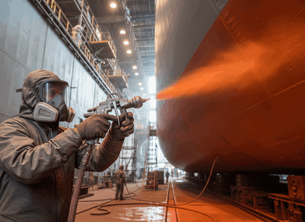 A worker in protective gear spray painting the hull of a large ship inside an industrial shipyard.
