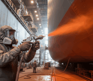 A worker in protective gear spray painting the hull of a large ship inside an industrial shipyard.