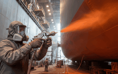 A worker in protective gear spray painting the hull of a large ship inside an industrial shipyard.
