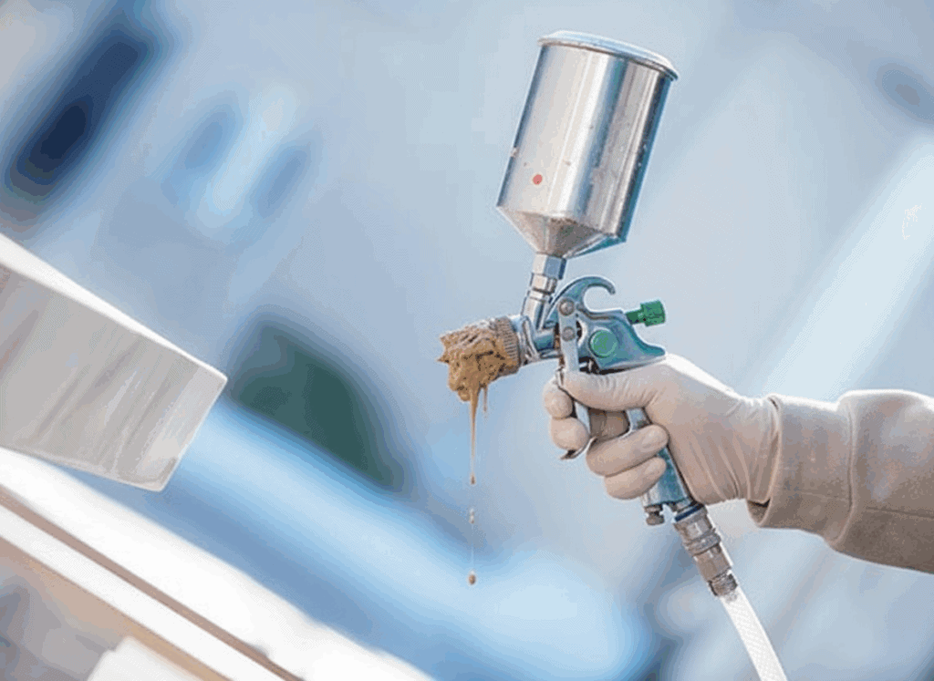 Close-up of a clogged spray gun dripping paint from the nozzle during use.